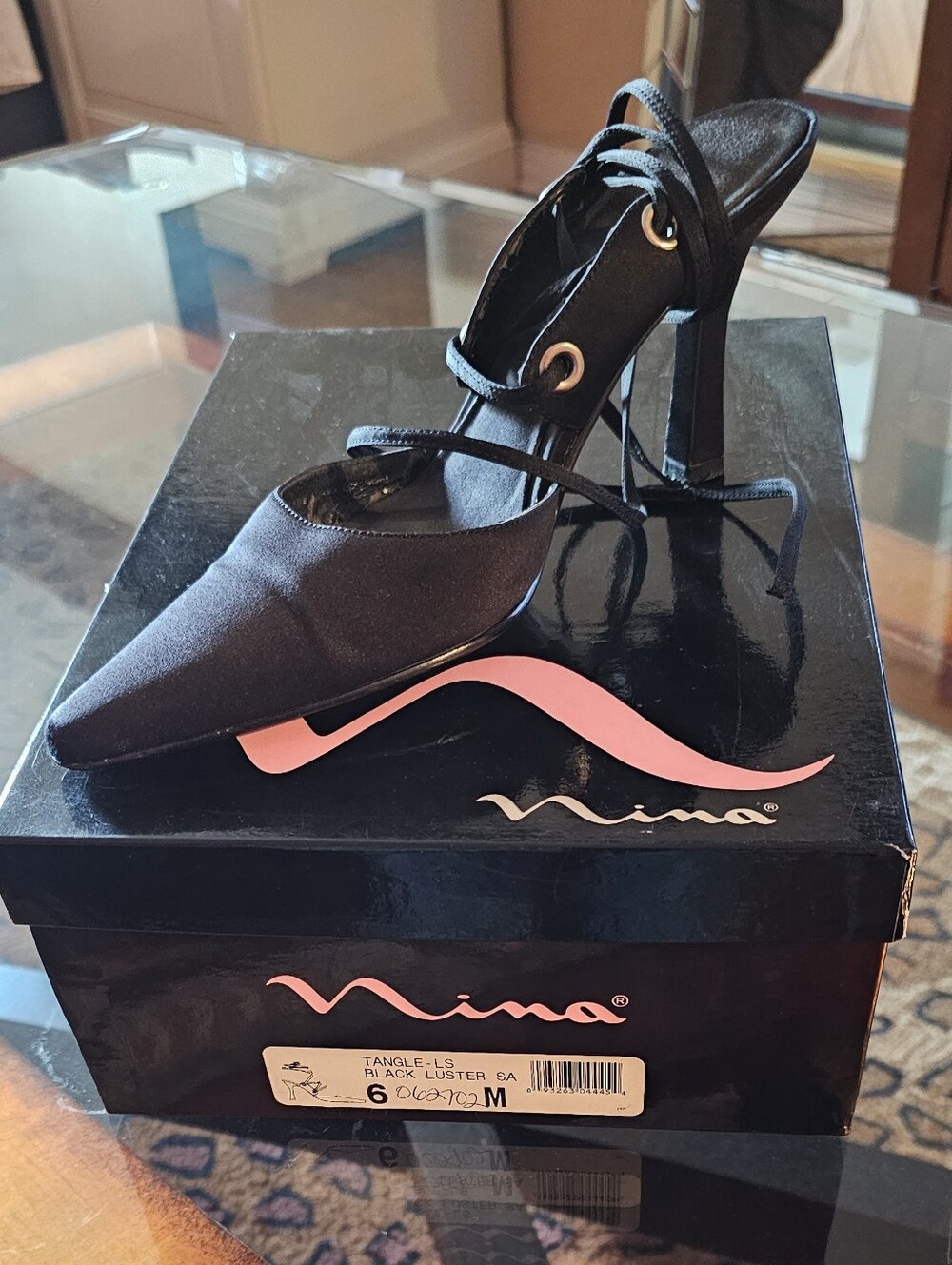 Nina Black Satin Pointed Lace-Up 3.5 Inche Heels